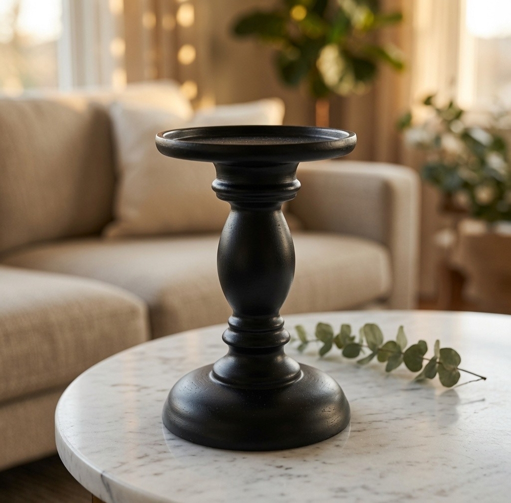 Black Wood Pillar Candle Holder Pedestal Turned Base 6.25" VG